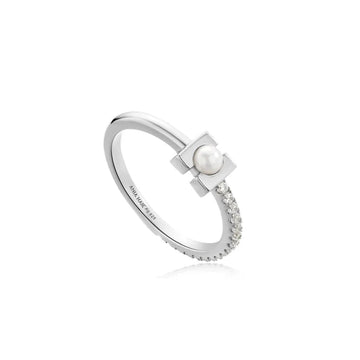 Silver Pearl Modernist Band Ring 54