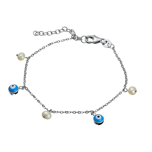Evil Eye and Pearl Charm Bracelet in Sterling Silver