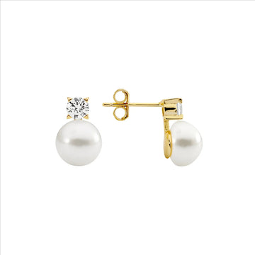 Claw Set CZ with Freshwater Pearl Earrings in Gold