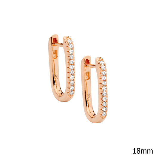 Ellani SS WH CZ 18mm Oval Hoop Earrings W/ Rose Gold Plating