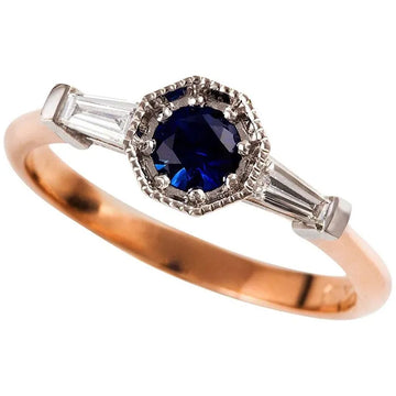 Art Deco Dark Round Sapphire & Tapered Baguette Diamond Ring in Two Tone Gold