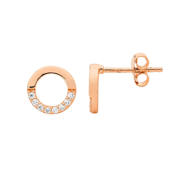 Ellani SS 9mm Open Circle Earrings, half WH CZ w/ Rose Gold Plating