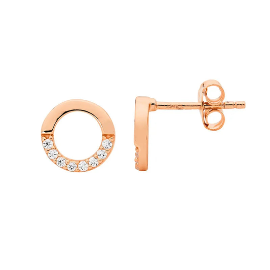 Ellani SS 9mm Open Circle Earrings, half WH CZ w/ Rose Gold Plating