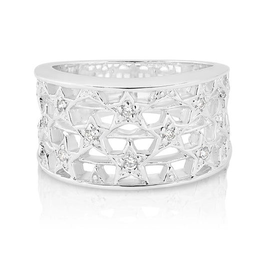 Filigree Ring with Star set Cubic Zirconias in Sterling Silver