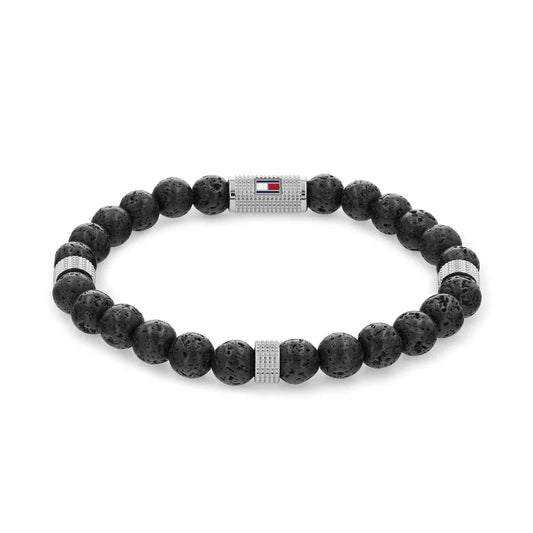 Tommy Hilfiger Jewellery Stainless Steel & Black Lava Bead & Black Elastic Rope Men's Stone Bracelet