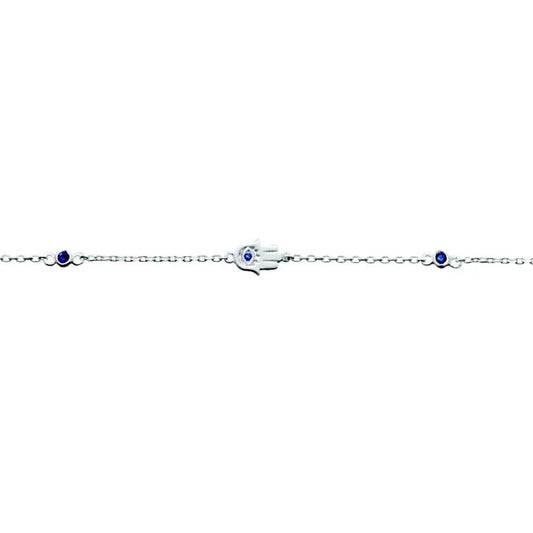 Sterling Silver Bracelet featuring Hamsa Hand and Blue Bezel set stones