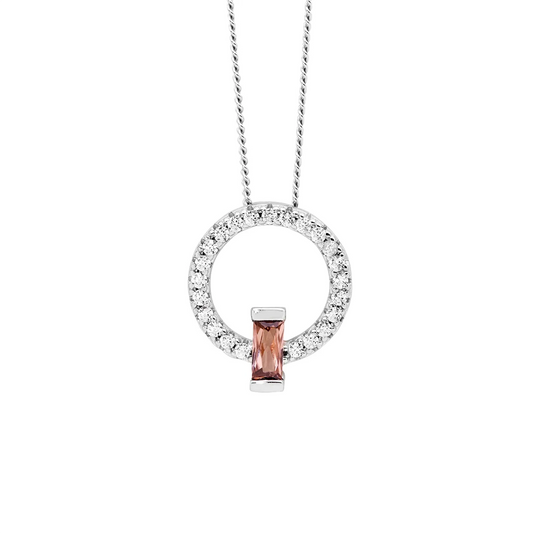 Ellani Cubic Zirconia Circle with Rhodolite Baguette Pendant in Silver