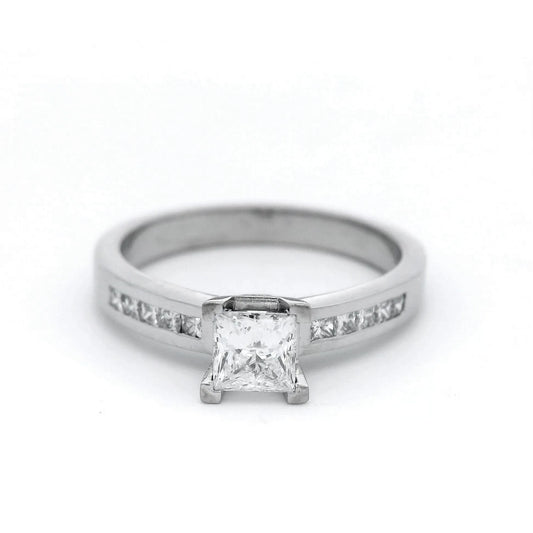 Princess CUt Shoulder Stone Side Engagement Ring