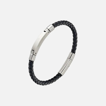 Blaze Stainless Steel Men’s Black Leather Bangle With Steel Bar