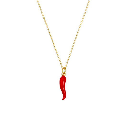 Yellow Gold Plated Necklace With Red “Cornicello” Horn Pendant