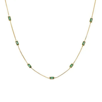Sterling Silver Fine Box Chain Necklace With Multi Baguette Set Emerald CZ 45cm