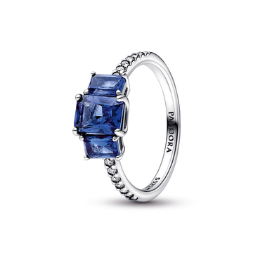 Sterling silver ring with princess blue crystal and clear cubic zirconia