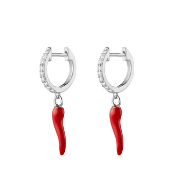 Yellow Gold Plated CZ Huggie Earrings With Red “Cornicello” Horn Charm