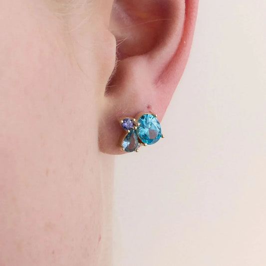 Earrings with CZ, Amethyst, and Two London Blue Topaz Stones
