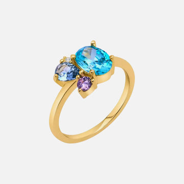 Ring with CZ, Amethyst, and Two London Blue Topaz Stones