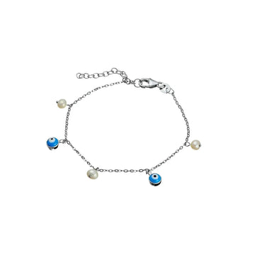 Evil Eye and Pearl Charm Bracelet in Sterling Silver