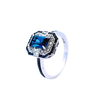 London Blue Topaz, Black Diamond and Diamond Art Deco Ring