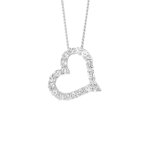 Ellani SS WH CZ 13mm Open Heart On Angle Pendant