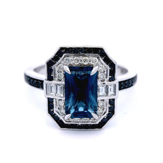 London Blue Topaz, Black Diamond and Diamond Art Deco Ring