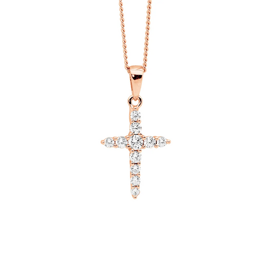 Ellani Rose Gold Plated Cross Pendant - Sterling Silver Cubic Zirconia