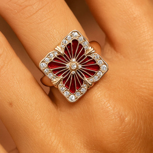 Red Floral Zircon Copper Ring