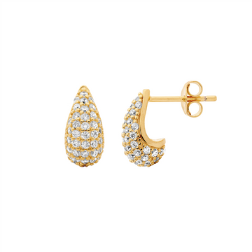 Ellani SS WH CZ Pave 12mm Tear Drop Earrings W/Gold Plating