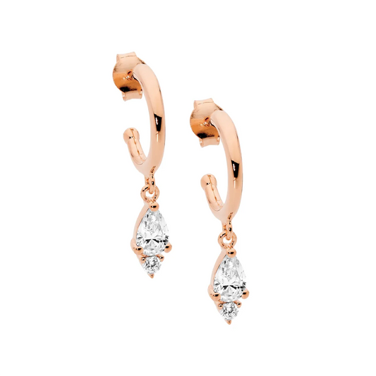 Ellani SS 13mm Hoop Earrings, Pear & RND WH CZ Drop