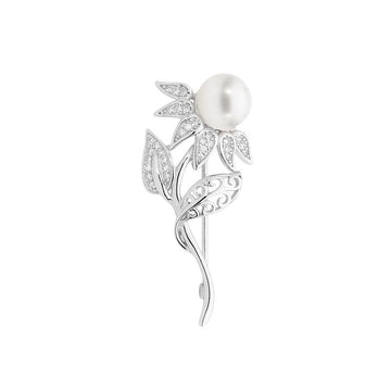 Ellani SS WH CZ Flower Brooch w/ Freshwater Pearl