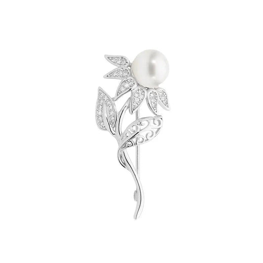 Ellani SS WH CZ Flower Brooch w/ Freshwater Pearl