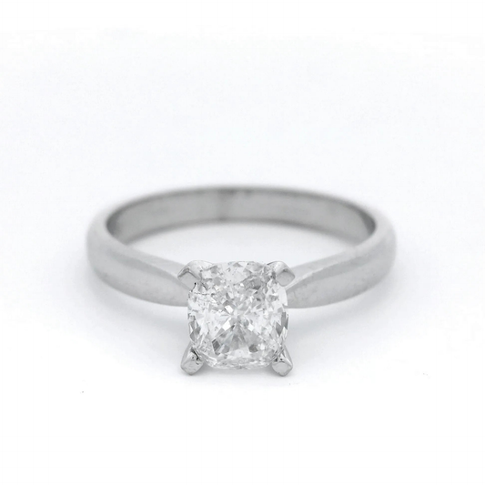 Cushion Cut Diamond set in 4 Claw White Gold Ring
