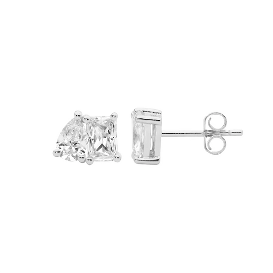 Ellani SS Emerald & Pear Cut Wh CZ Stud Earrings W/Gold Plating
