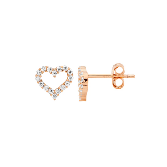Ellani SS WH CZ 8mm Open Heart Earrings W/Rose Gold Plating