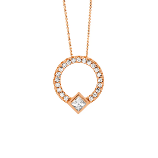 Ellani SS WH CZ 13Mm Open Circle Pendant W/ Princess Cut Bezel Set, Rose Gold Plating