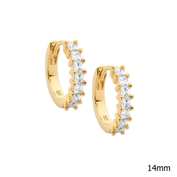 Ellani SS WH CZ Princess Cut 14mm Hoop Earrings W/Gold Plating
