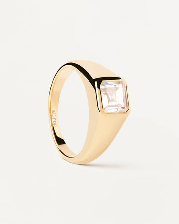 PDPAOLA Gold-Plated Silver Signet Ring With Square White Zirconia