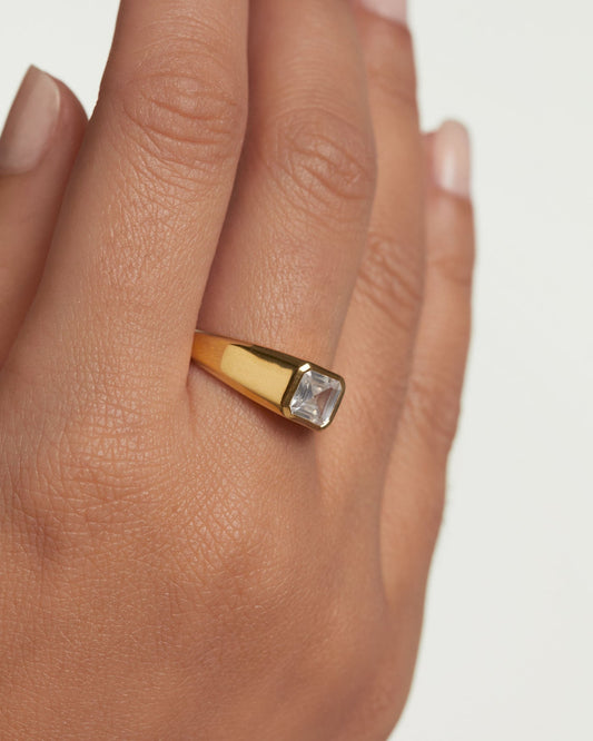 PDPAOLA Gold-Plated Silver Signet Ring With Square White Zirconia