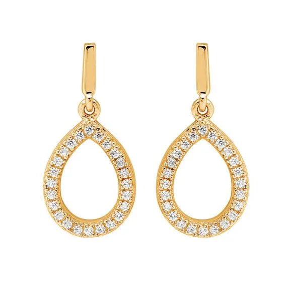 Ellani Yellow Gold Plated Open Tear Drop Earrings with Cubic Zirconias