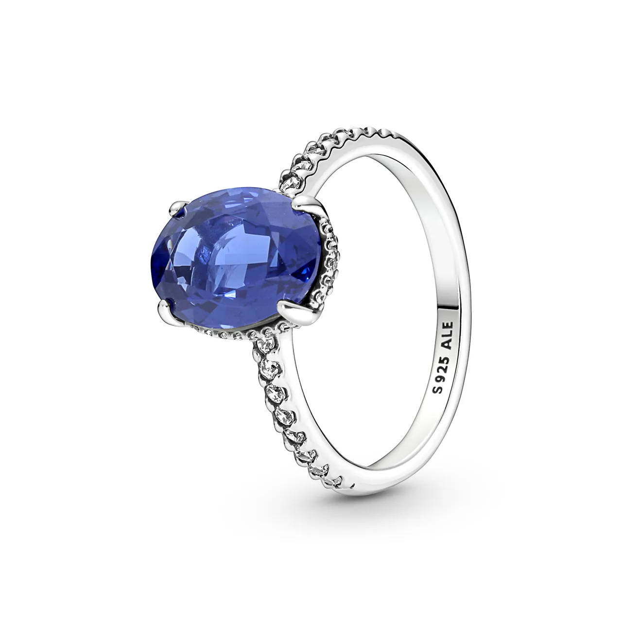 Sterling silver ring with princess blue crystal and clear cubic zirconia