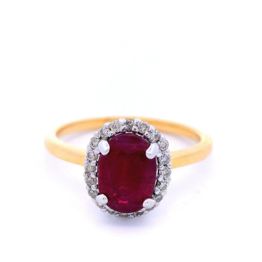 Oval Shaped Ruby with Diamond Halo Cluster in Yellow Gold