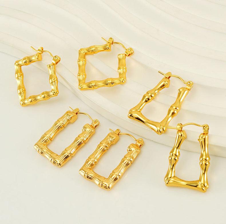 Gold-Plated Geometric Bamboo Hoop Earrings – Trendy Drop Earrings - Begum