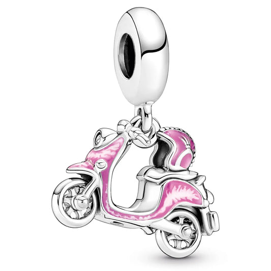 Pink Motorcycle & Helmet Silver Hanging Charm w pink enamel & clear CZ