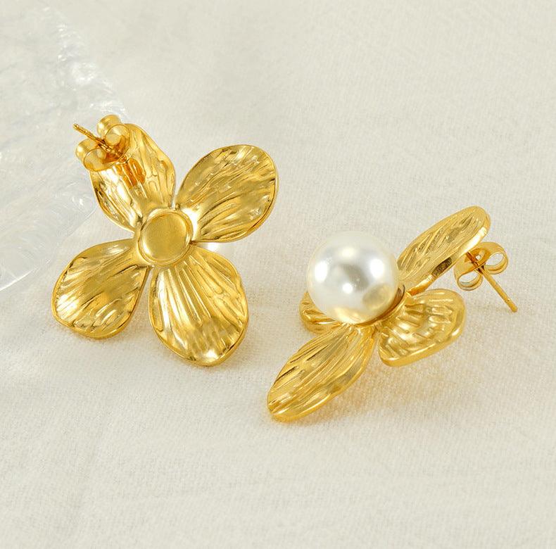 Gold-Plated Flower Stud Earrings with Simulated Pearl – Trendy Stainless Steel Earrings - Begum