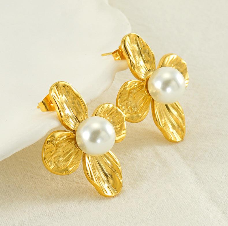 Gold-Plated Flower Stud Earrings with Simulated Pearl – Trendy Stainless Steel Earrings - Begum