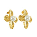 Gold-Plated Flower Stud Earrings with Simulated Pearl – Trendy Stainless Steel Earrings - Begum