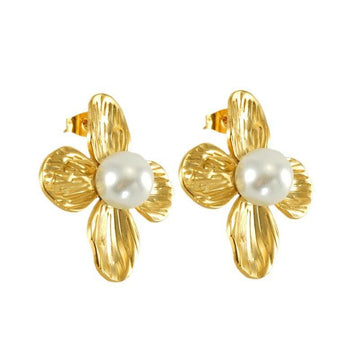 Gold-Plated Flower Stud Earrings with Simulated Pearl – Trendy Stainless Steel Earrings - Begum