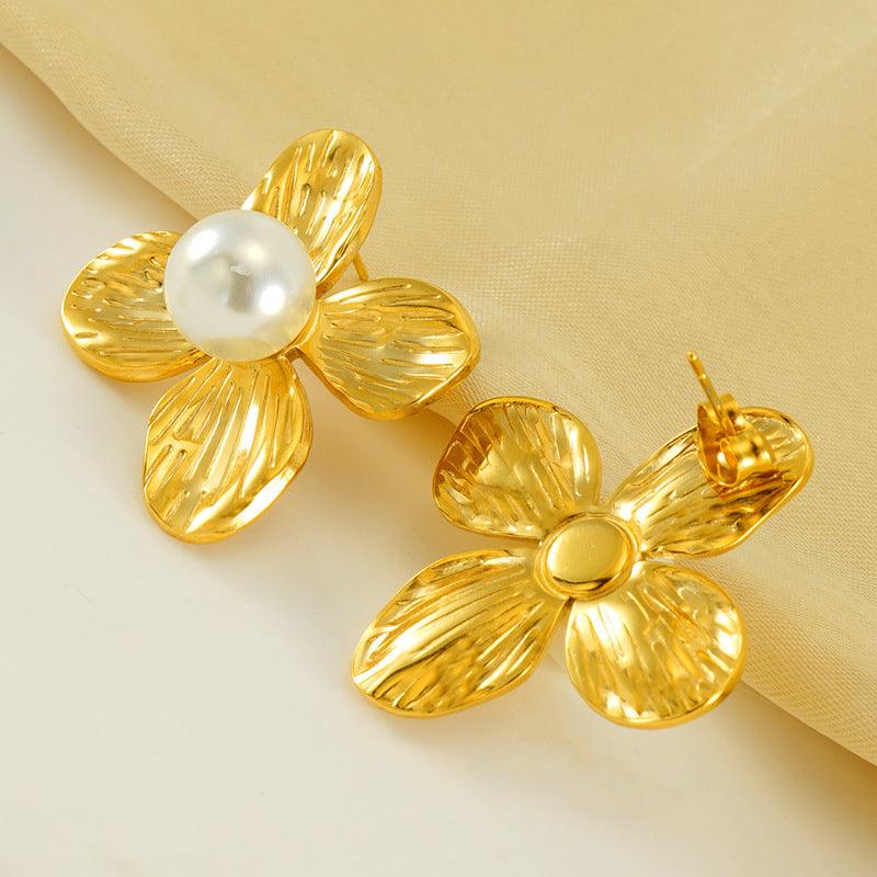 Gold-Plated Flower Stud Earrings with Simulated Pearl – Trendy Stainless Steel Earrings - Begum