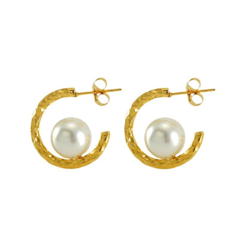 Gold Hoop Earrings with Simulated Pearl – Modern Geometric Drop Earrings - Begum