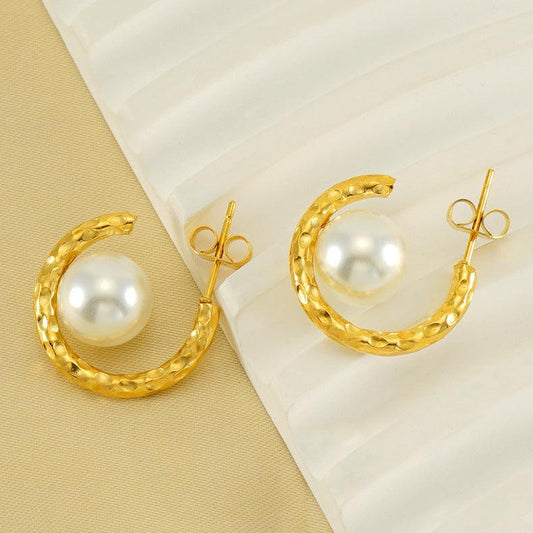 Gold Hoop Earrings with Simulated Pearl – Modern Geometric Drop Earrings - Begum