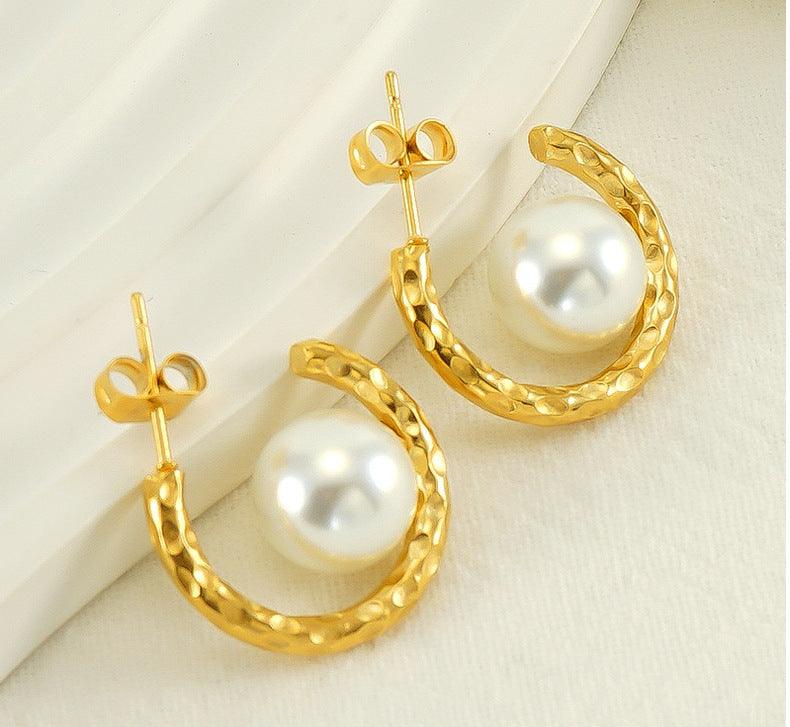 Gold Hoop Earrings with Simulated Pearl – Modern Geometric Drop Earrings - Begum