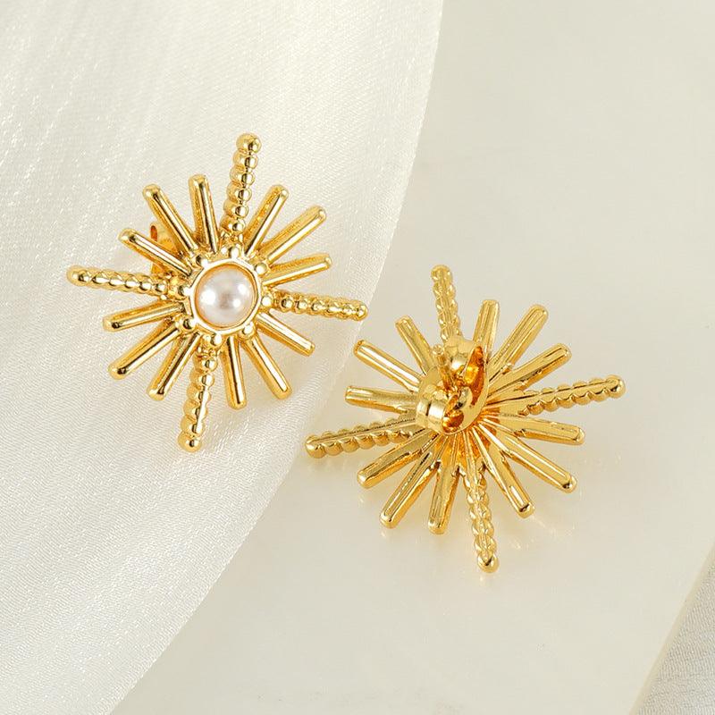 Gold-Plated Sunburst Pearl Stud Earrings – Classic Stainless Steel Earrings - Begum